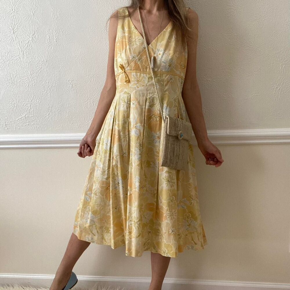 Vintage yellow floral midi dress 8 sleeveless